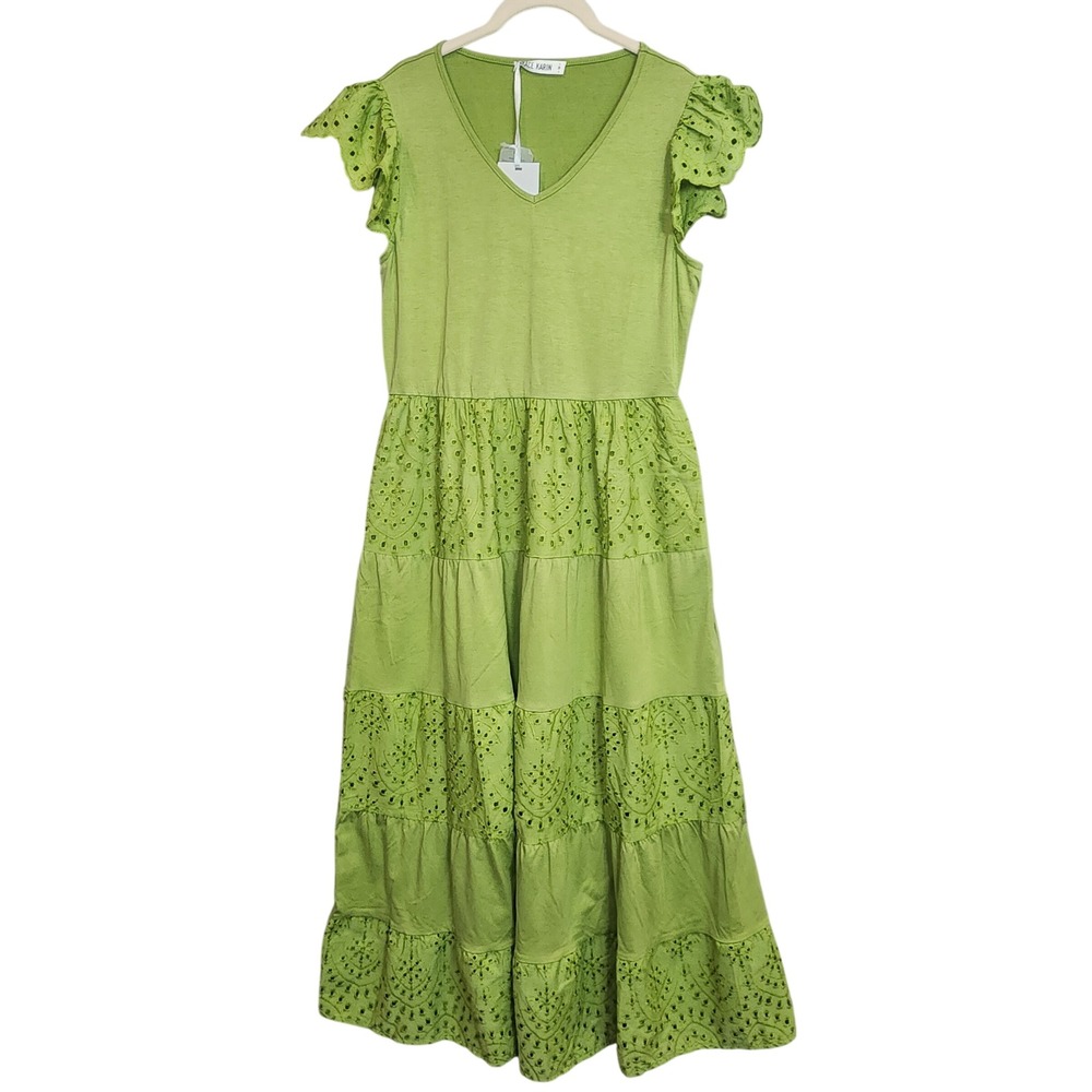 Grace Karin Eyelet‎ Tiered Maxi Dress Lime Green Flutter Sleeve Womens M